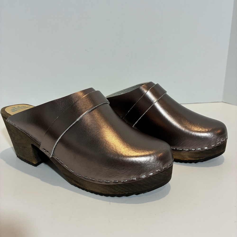 Tessa Clogs Mauve Metallic Leather Wooden Heel Strap Size Eu 41 Us 11